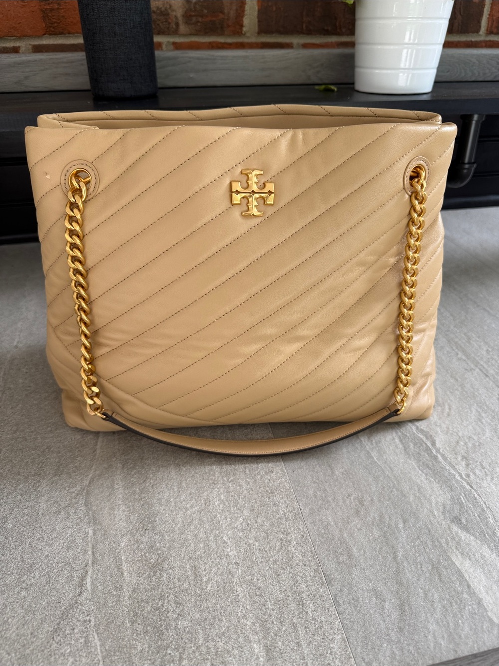 Tory Burch Kira Quilted Chevron Leather Tote in Desert Dune with Gold Hardware